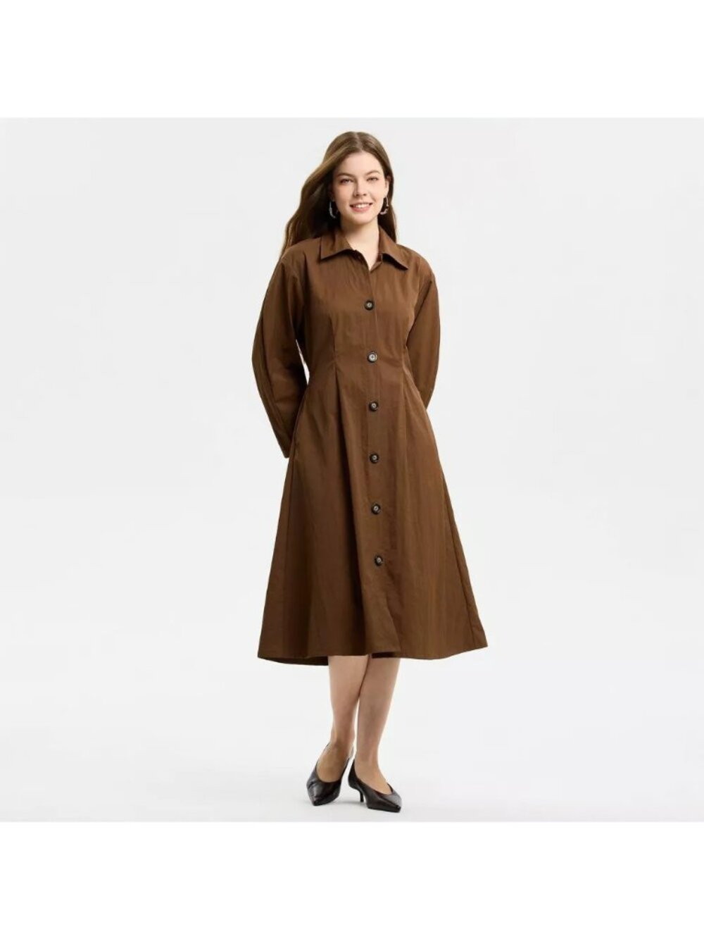 A New Day Full Button Front Rayon Pleated Midi Length Brown Dress -- Small NWOT